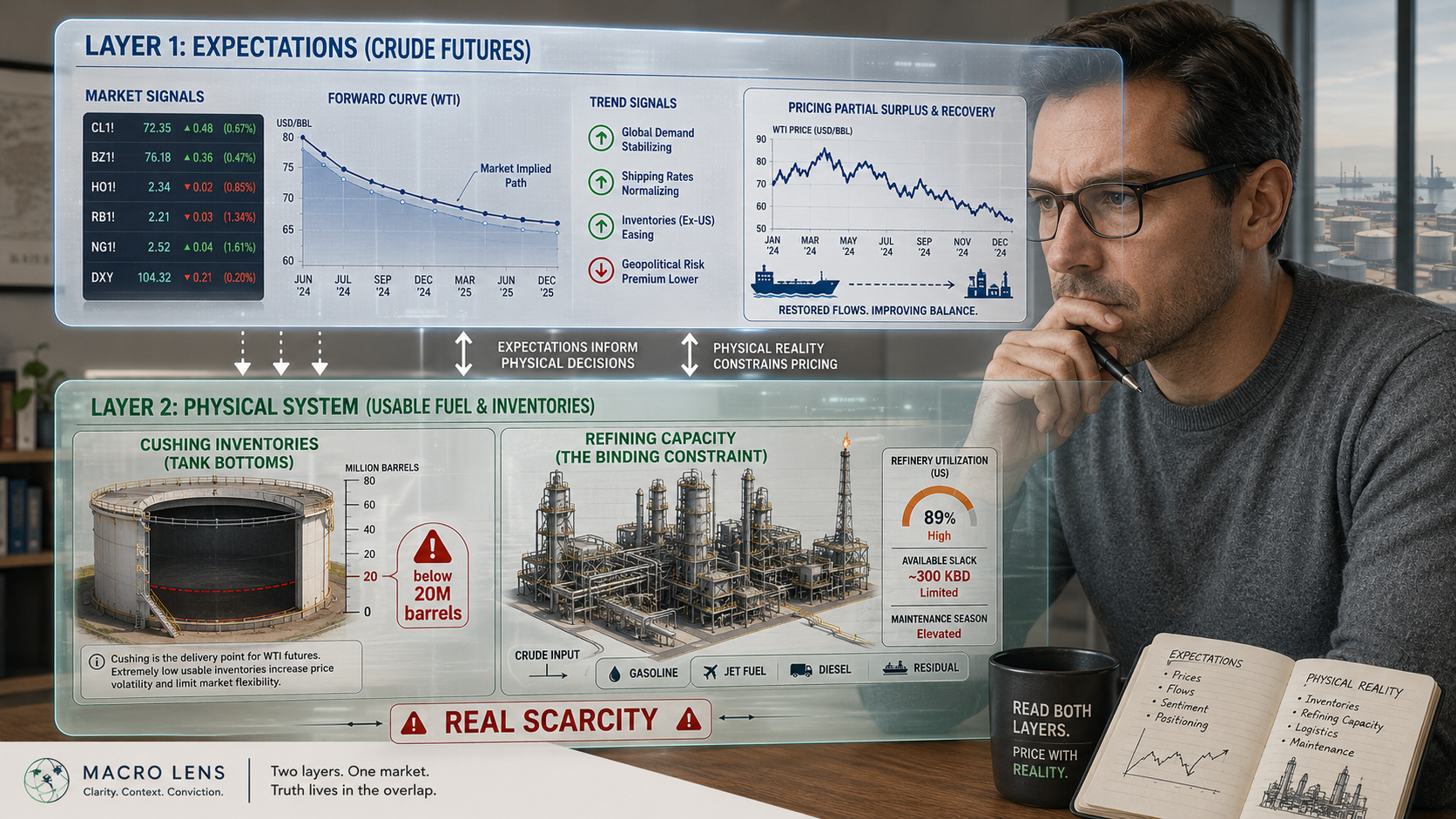Illustration: the two layers of the oil market — the expectations layer (crude futures) above the physical system (Cushing tank bottoms, refining as the binding constraint), an analyst reading both. A conceptual scene, not a data chart.