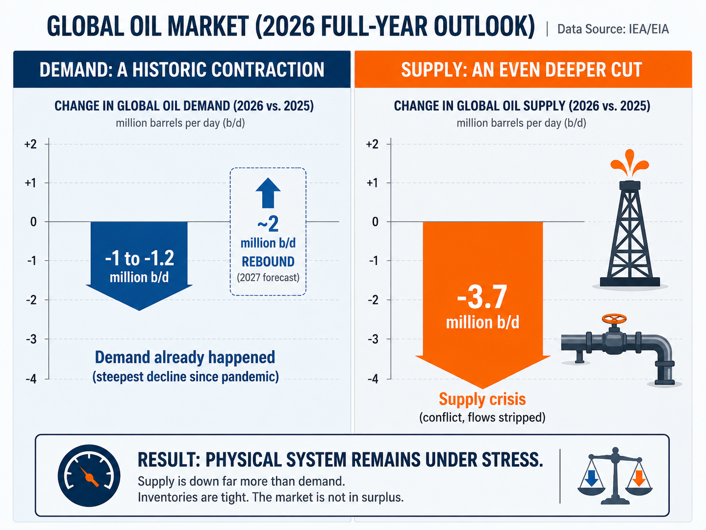 Two-panel comparison: global oil DEMAND down ~1 to 1.2 million b/d (a historic contraction, ~2M rebound forecast for 2027) versus SUPPLY down ~3.7 million b/d (an even deeper cut). Result: the physical system remains under stress — supply is down far more than demand; the market is not in surplus.
