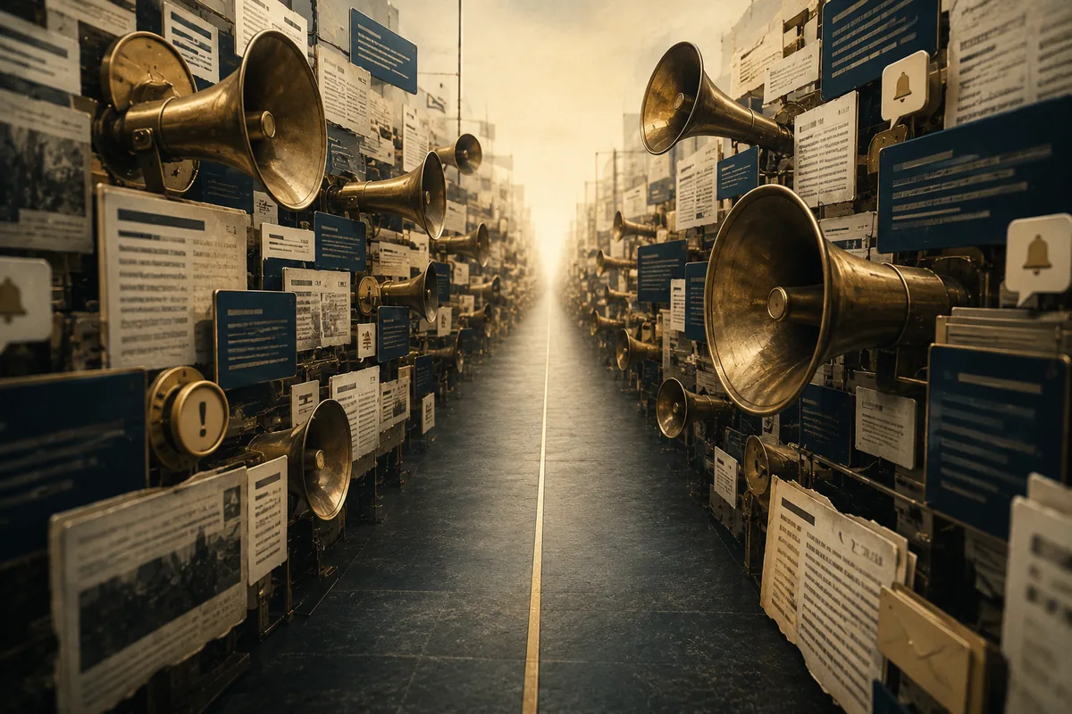 A long corridor of vintage brass megaphones and blurred, unreadable notification cards pressing in from both sides, with one calm empty path down the center.