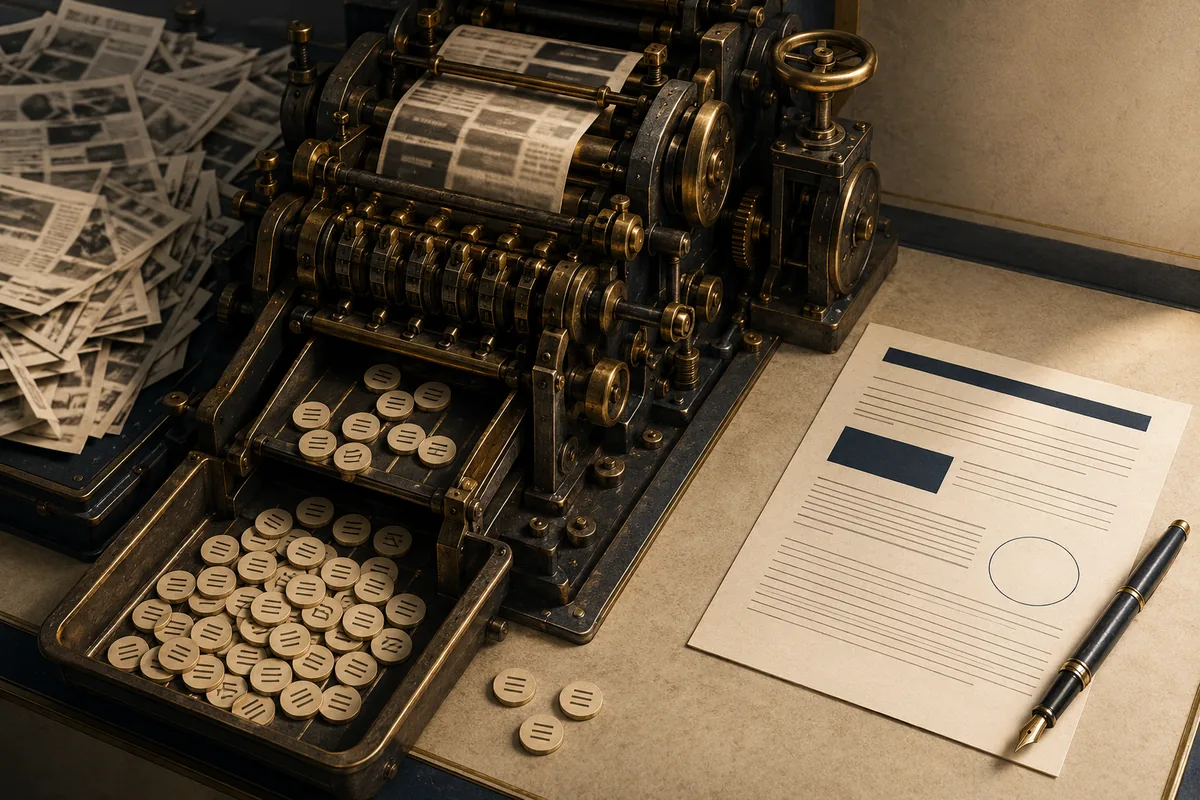 An antique brass printing press taking in messy stacks of blurred newspaper and stamping out small identical attention tokens, while one clean report sits untouched beside it.