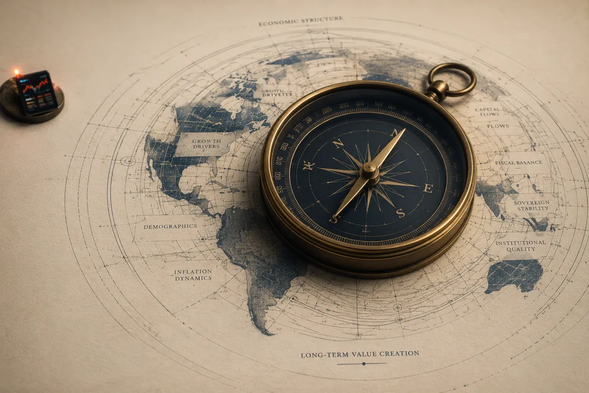 A large brass compass resting on a structural world map labeled with growth drivers, inflation dynamics, capital flows and long-term value, while a tiny flashing quote device sits ignored at the edge.