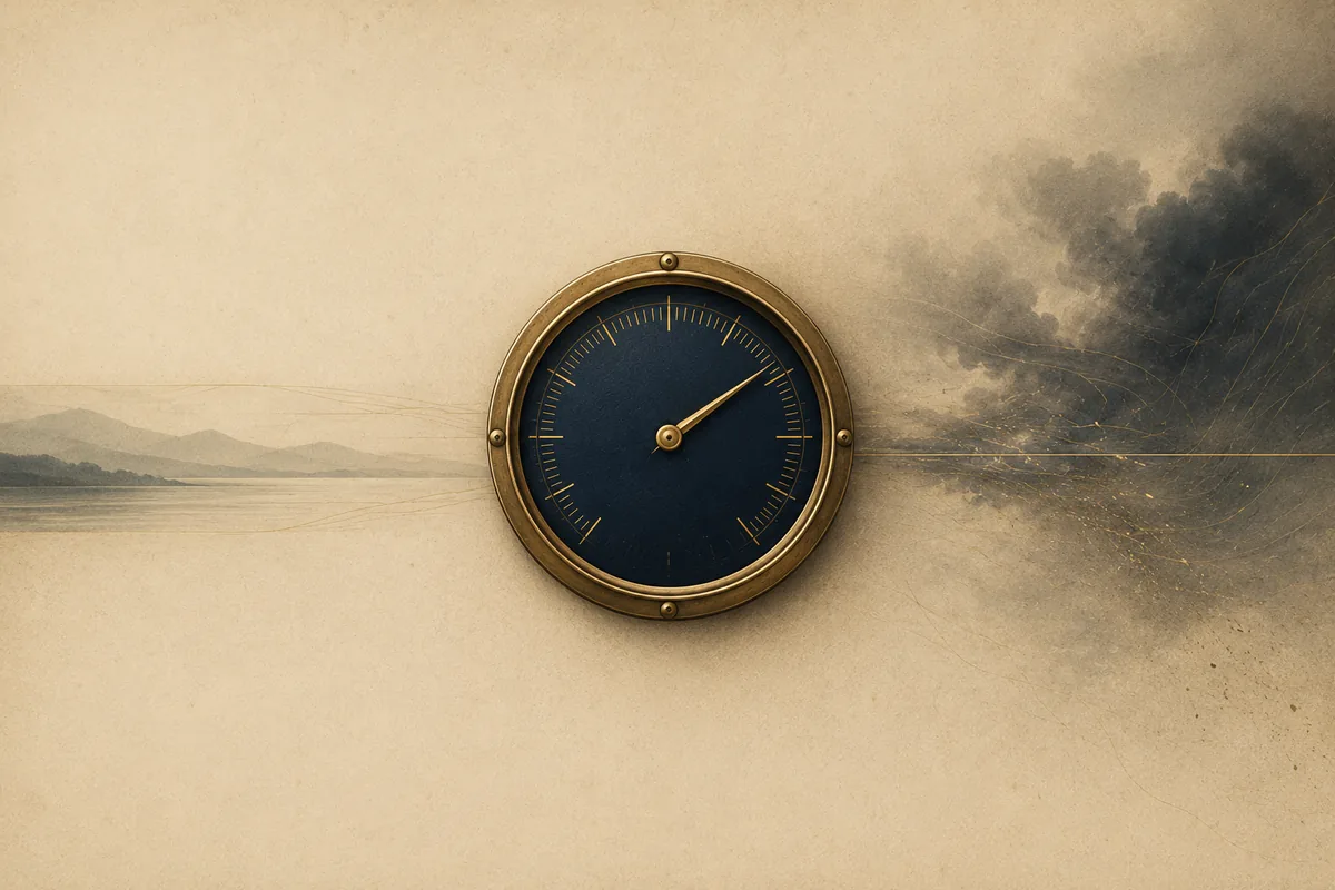 A single brass gauge on cream paper, a calm and orderly landscape on one side, a faint gathering storm on the other, its needle held at a measured midpoint.