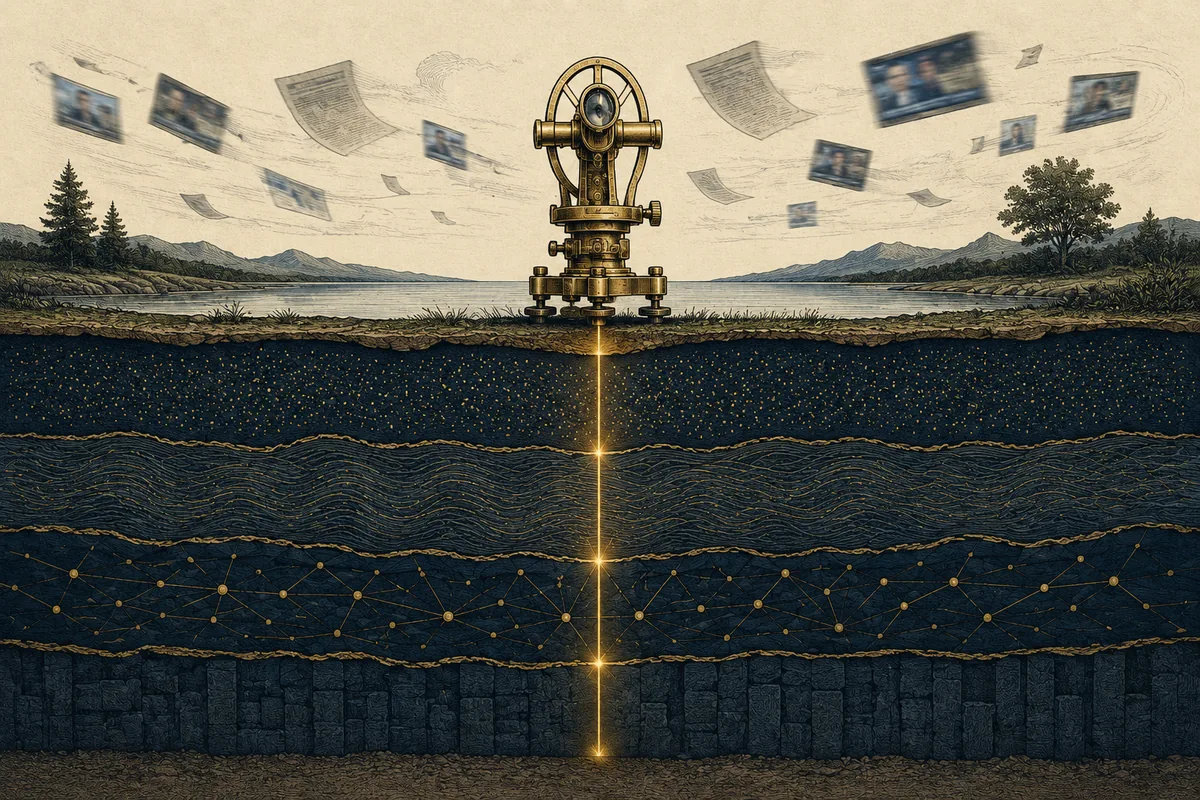 A brass surveyor's instrument on the surface sending one fine gold beam straight down through deep, layered strata, while blurred headlines blow harmlessly across the sky above.