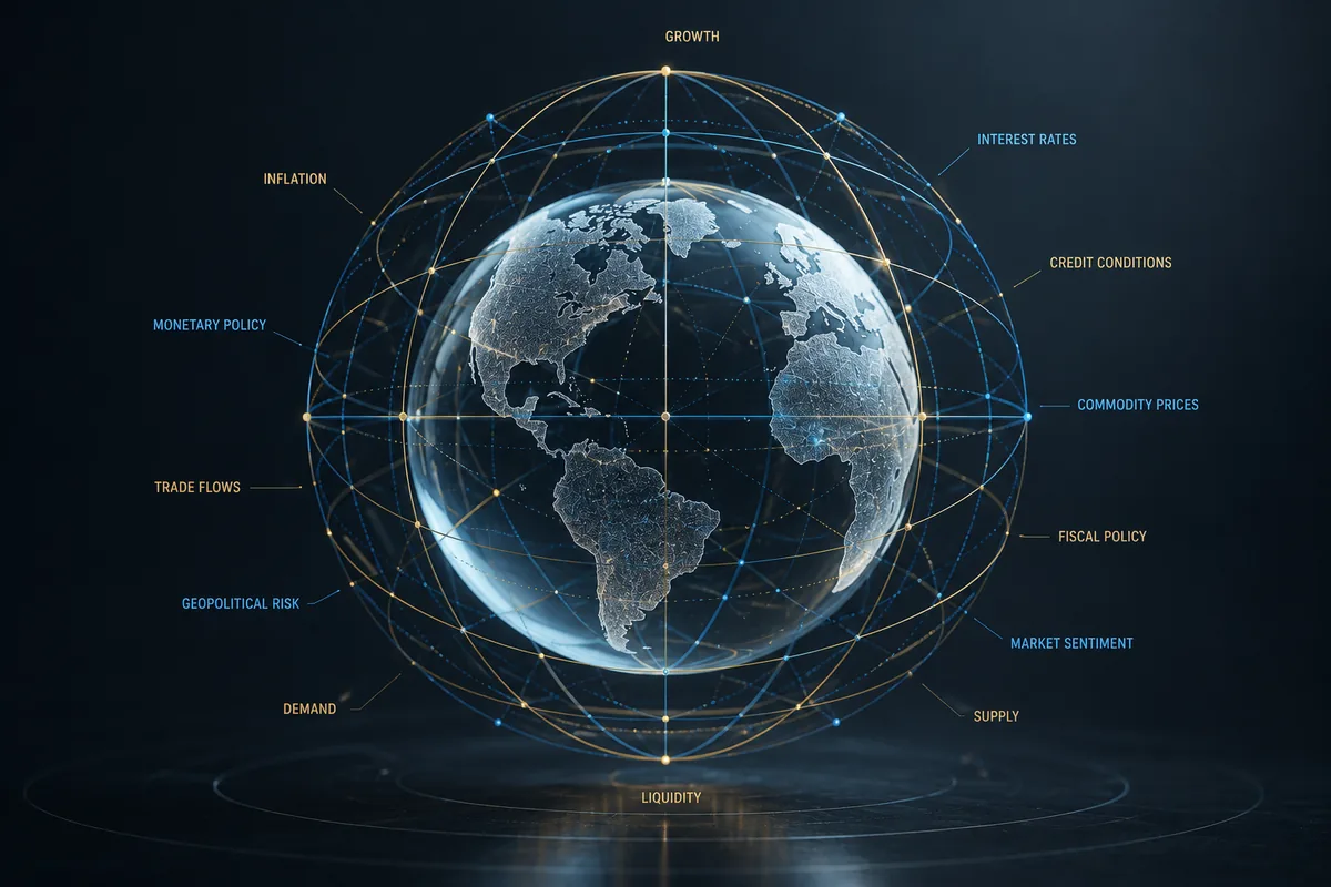 A translucent globe wrapped in fine navy-and-gold rings labeled growth, inflation, interest rates, liquidity and credit conditions — the slow structural backdrop.