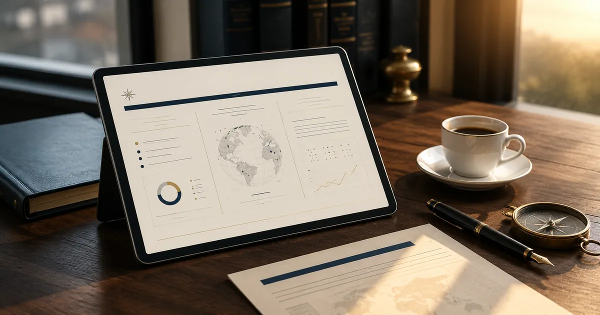 A tablet propped on a desk at sunrise showing a clean cream-and-navy daily brief with a small globe and simple charts, a compass, a fountain pen and a cup of coffee beside it.