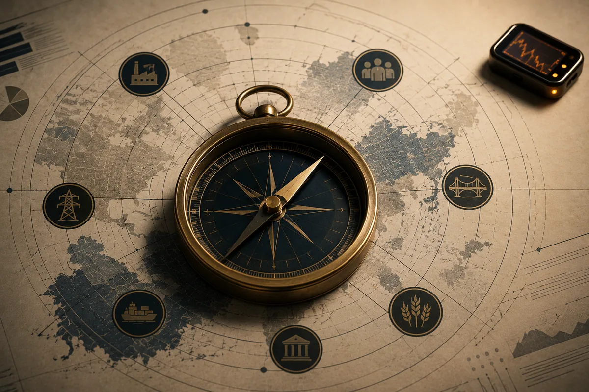A brass compass at the center of an economic map ringed with sector icons — industry, finance, utilities, shipping, consumers — reading which parts of the market are leading and which are lagging.