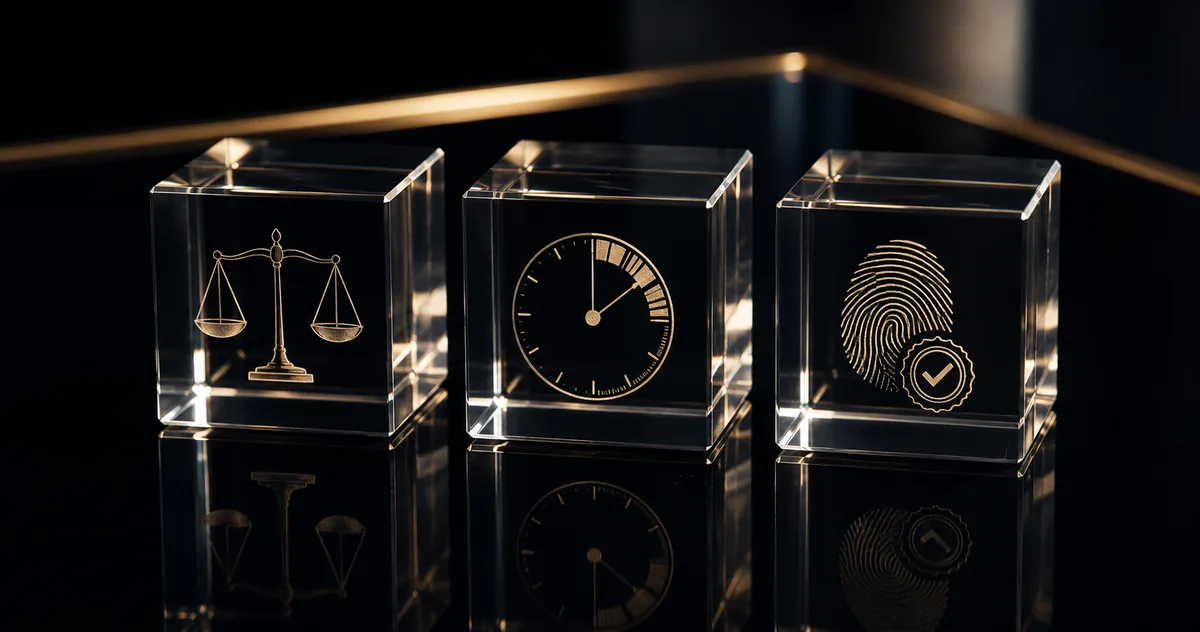 Three glass cubes on a dark reflective surface, each etched in gold: a balance scale, a five-minute clock, and a fingerprint with a verification check.
