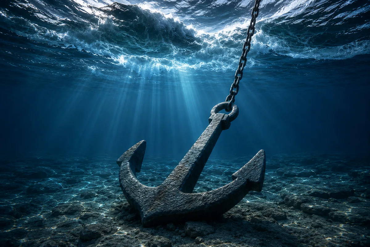 A heavy iron anchor resting still on a calm seabed while the surface above churns with storm.