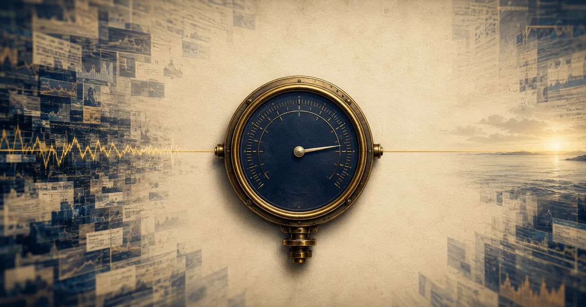 A brass gauge on cream paper: a storm of unreadable financial headlines dissolves at the left edge into one clean gold signal line that passes through the instrument toward a calm horizon.