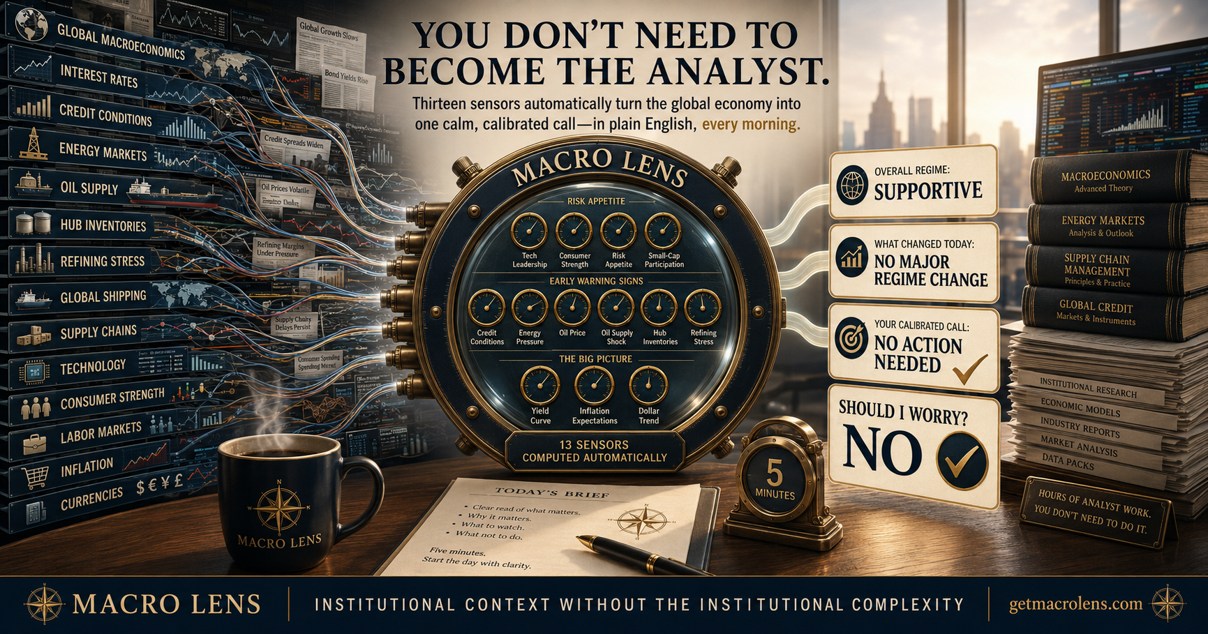 You don't need to become the analyst. Thirteen sensors — Risk Appetite, Early Warning Signs, and The Big Picture — computed automatically from global macro, energy, oil, supply chains, credit, inflation and more, resolved into one calibrated daily brief (regime, what changed, should I worry?) in five minutes. Institutional context without the institutional complexity — no PhD, no $32,000 terminal.